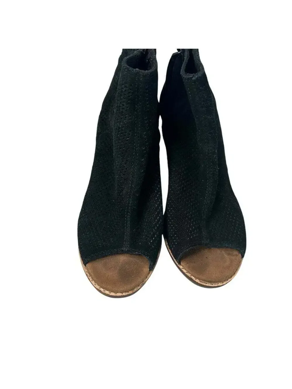 TOMS Majorca Black Suede Perforated Open Toe Booties Womens 7.5 Heels